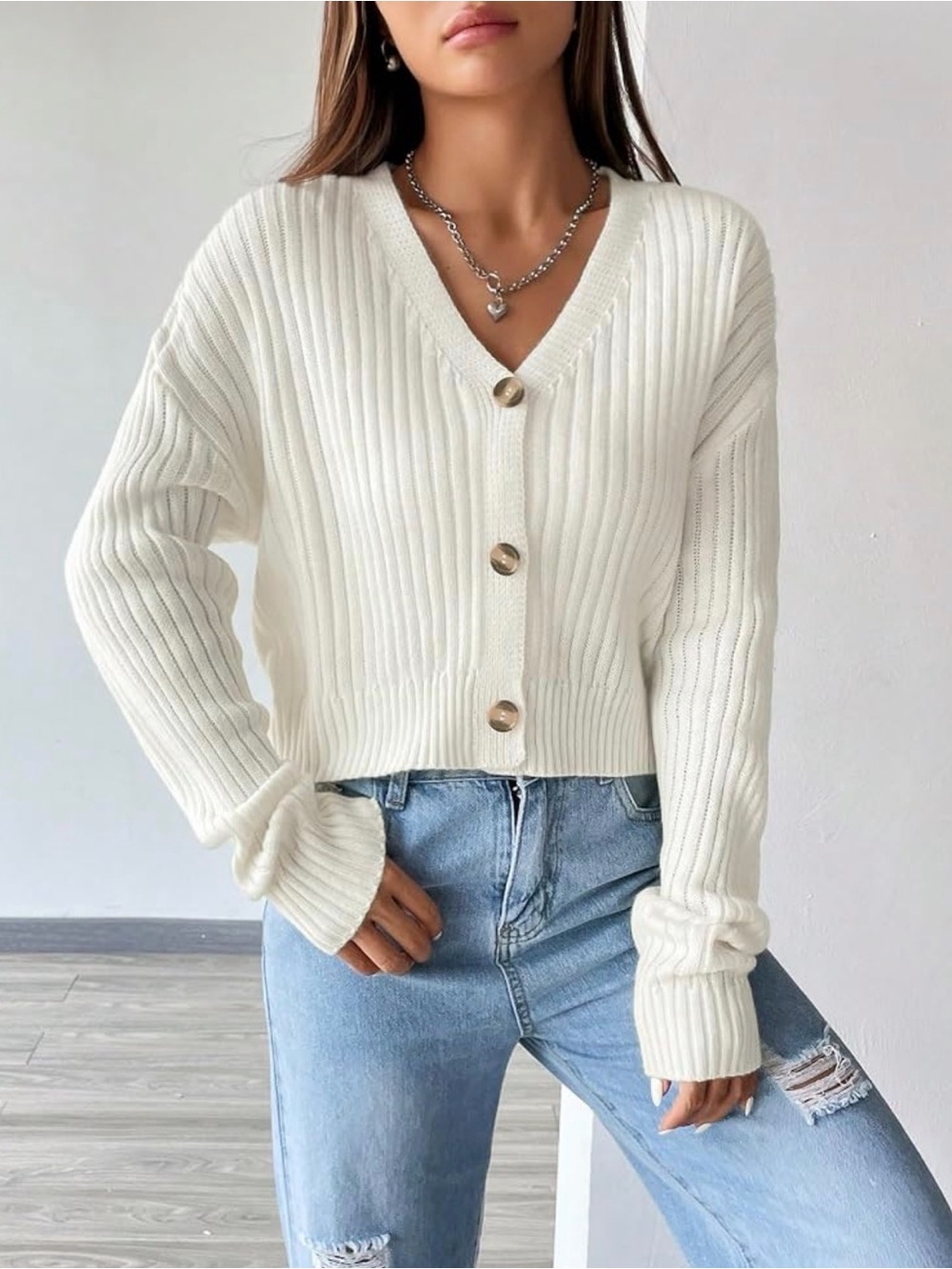 Classic V-Neck Button Front Cream Ribbed Sweater